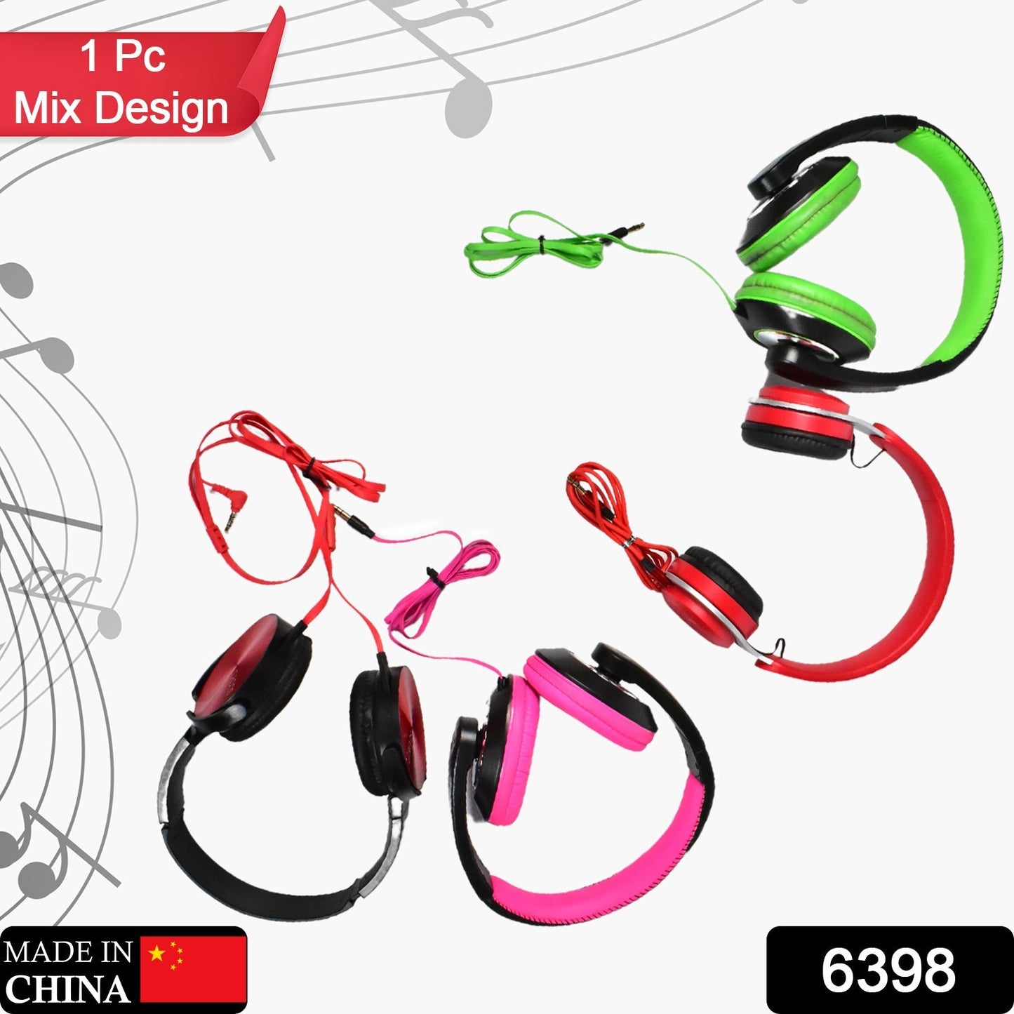 6398 WIRED HEADPHONES WITH MIC ON-EAR HEADPHONES WITH TANGLE FREE CABLE FOR ALL SMART PHONE SUPPORT HEAD PHONE (Mix Design 1 Pc) JK Trends