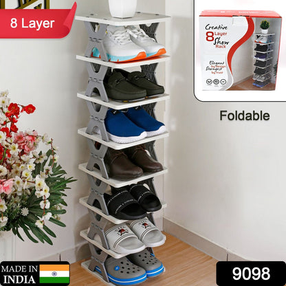 9098  SMART SHOE RACK WITH 8 LAYER SHOES STAND MULTIFUNCTIONAL ENTRYWAY FOLDABLE & COLLAPSIBLE DOOR SHOE RACK FREE STANDING HEAVY DUTY PLASTIC SHOE SHELF STORAGE ORGANIZER NARROW FOOTWEAR HOME JK Trends
