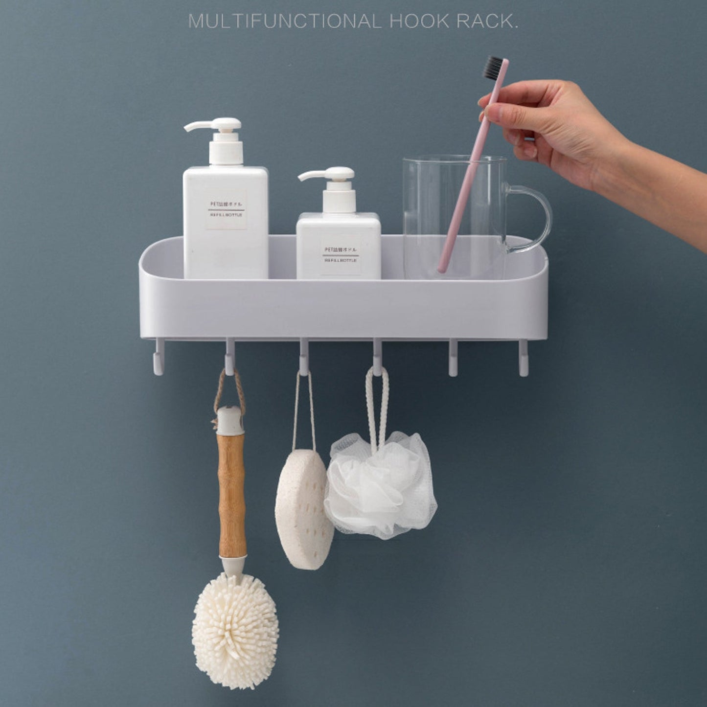 4058A BATHROOM KITCHEN SHELF PLASTIC WALL STORAGE ORGANIZER WITH 6 HOOKS WITHOUT DRILL SELF ADHESIVE AND MAGIC STICKER JK Trends