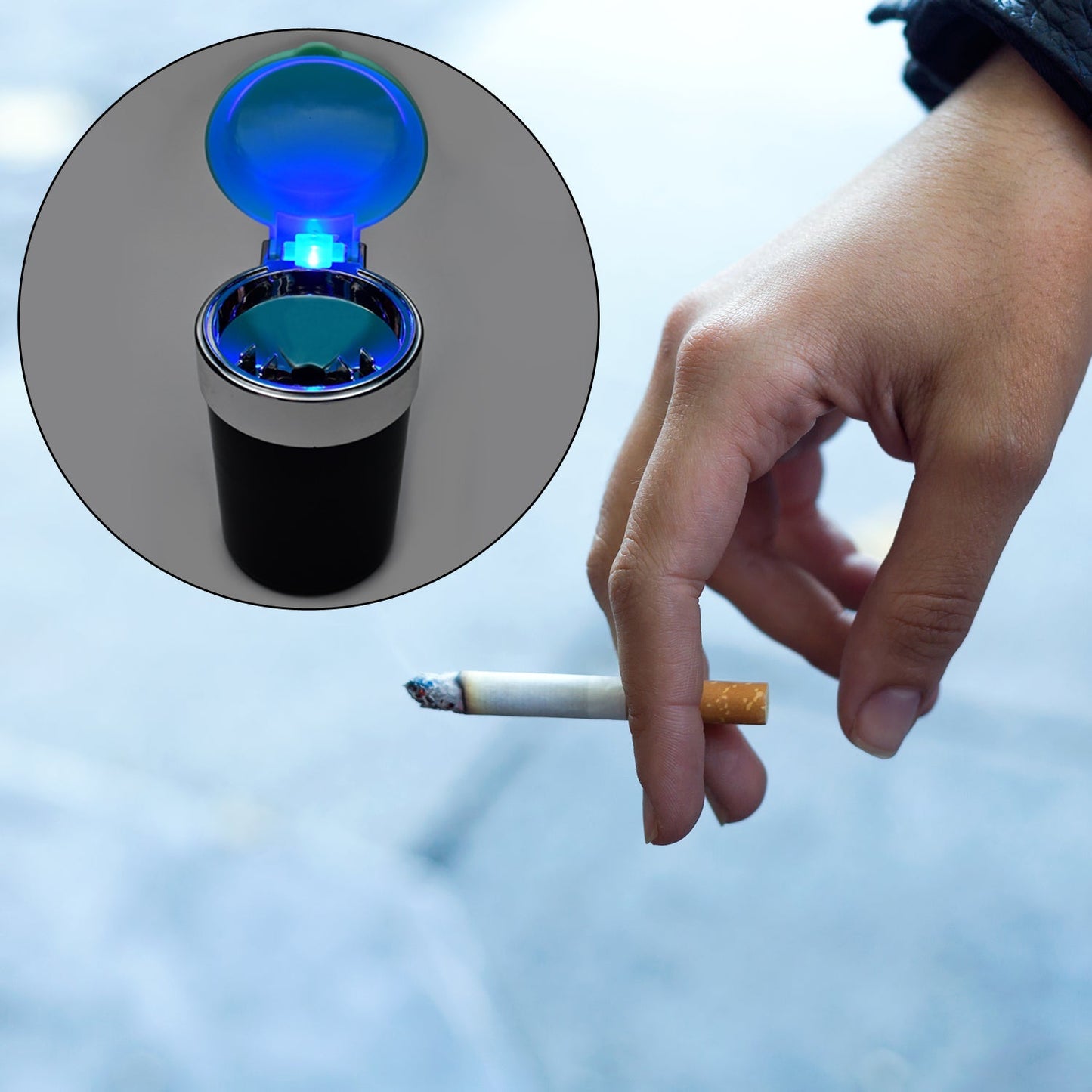 4945 Car Smokeless Ashtray Blue LED Cool Light Indicator Travel Auto Cigarette Odor Remover Smoke Diffuser Stand Cylinder (Moq - 12pc) DeoDap