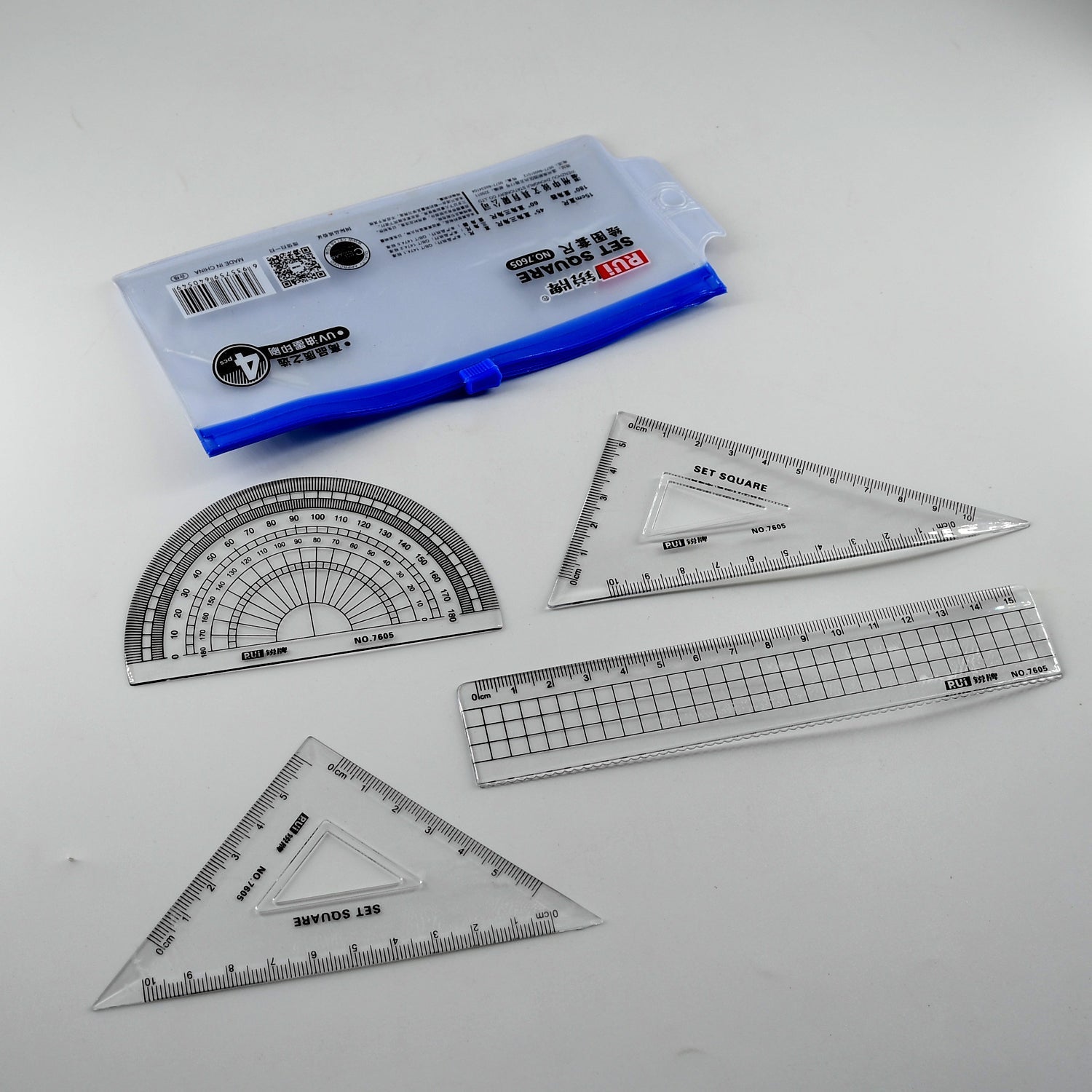 7915 Math Geometry Tool Plastic Clear Ruler Sets, Protractor, Triangle Math Architectural Tools 4 Pieces JK Trends