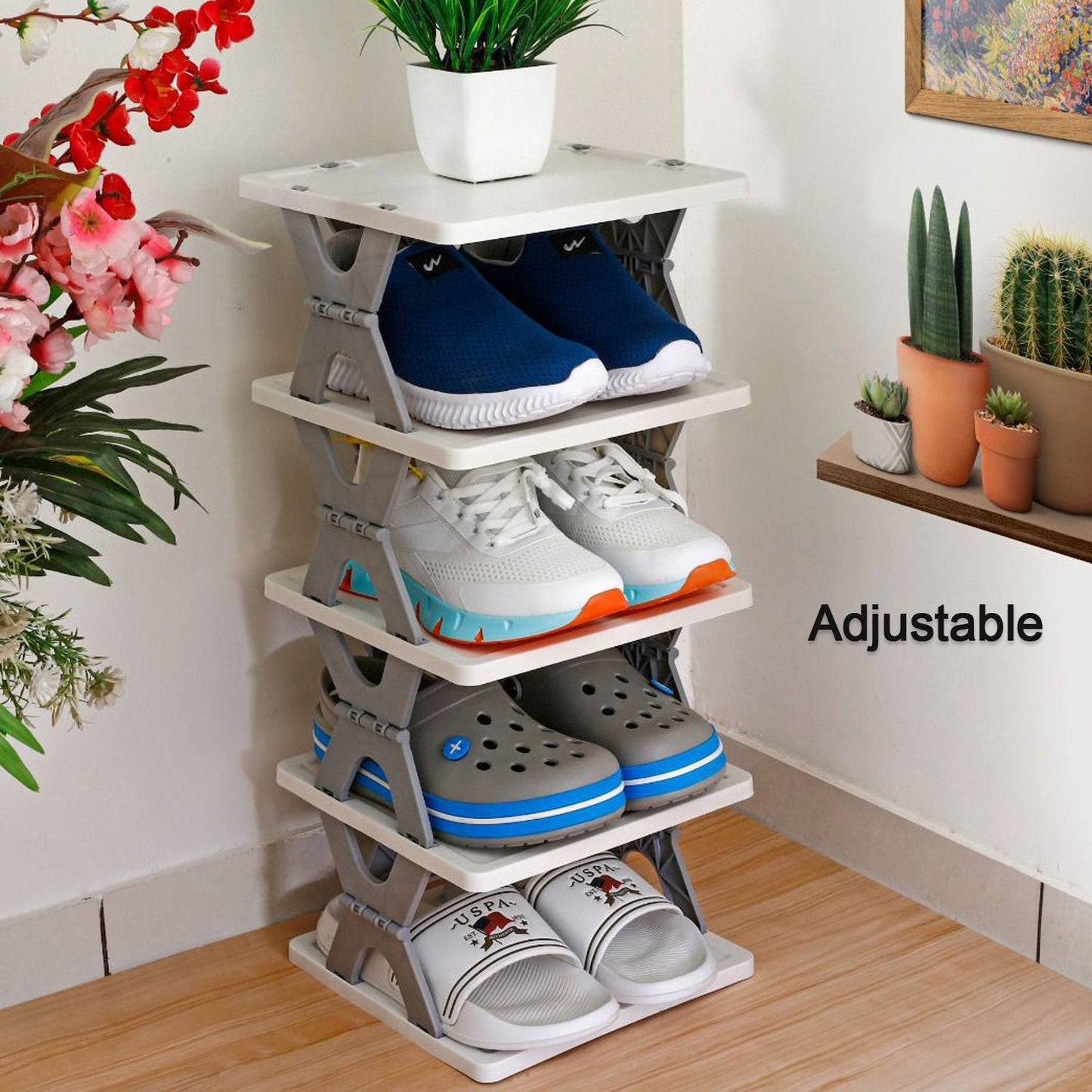 9098  SMART SHOE RACK WITH 8 LAYER SHOES STAND MULTIFUNCTIONAL ENTRYWAY FOLDABLE & COLLAPSIBLE DOOR SHOE RACK FREE STANDING HEAVY DUTY PLASTIC SHOE SHELF STORAGE ORGANIZER NARROW FOOTWEAR HOME
