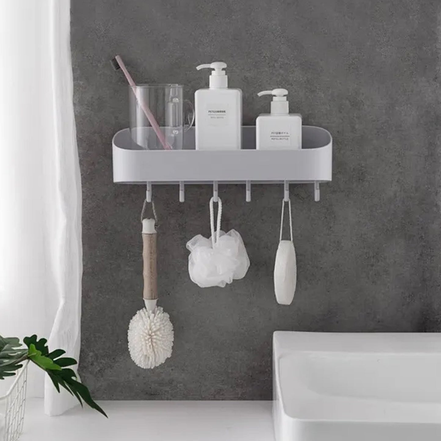 4058A BATHROOM KITCHEN SHELF PLASTIC WALL STORAGE ORGANIZER WITH 6 HOOKS WITHOUT DRILL SELF ADHESIVE AND MAGIC STICKER JK Trends