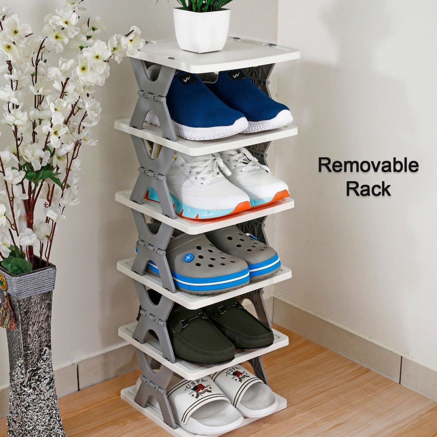 9098  SMART SHOE RACK WITH 8 LAYER SHOES STAND MULTIFUNCTIONAL ENTRYWAY FOLDABLE & COLLAPSIBLE DOOR SHOE RACK FREE STANDING HEAVY DUTY PLASTIC SHOE SHELF STORAGE ORGANIZER NARROW FOOTWEAR HOME