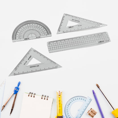 7915 Math Geometry Tool Plastic Clear Ruler Sets, Protractor, Triangle Math Architectural Tools 4 Pieces JK Trends