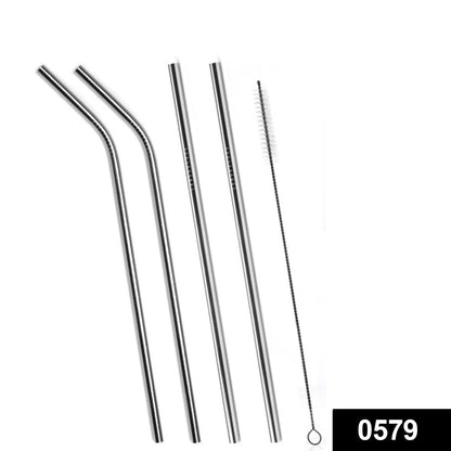 579 Set of 4 Stainless Steel Straws & Brush (2 Straight straws, 2 Bent straws, 1 Brush) JK Trends
