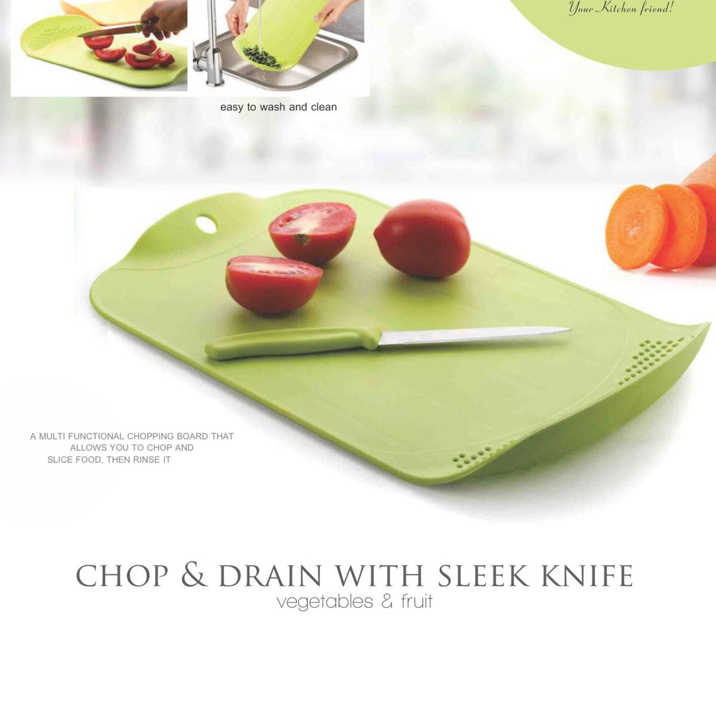 2389A Chop & Drain Vegetables Fruits Chopping Board Sleek Knife DeoDap