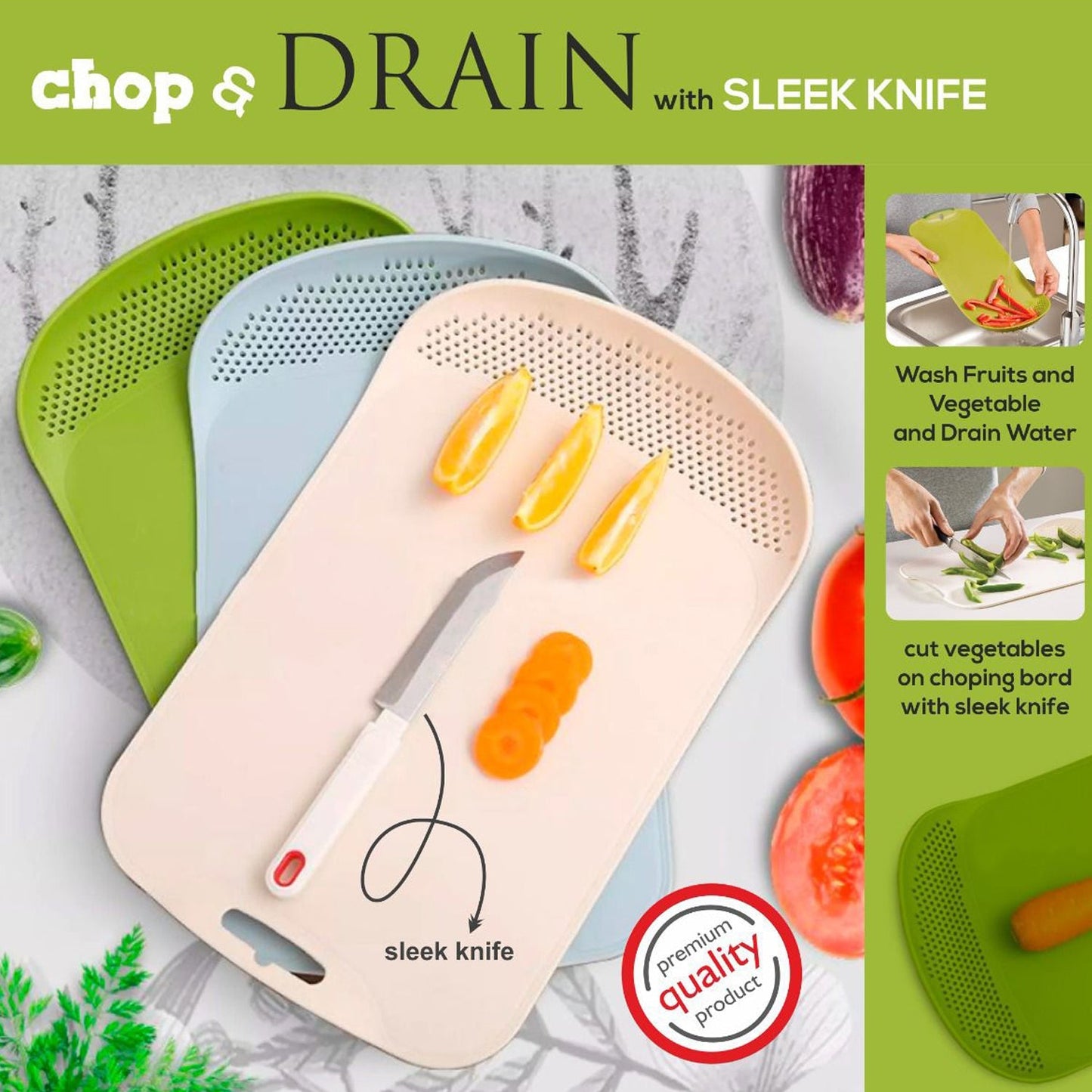 2389A Chop & Drain Vegetables Fruits Chopping Board Sleek Knife DeoDap