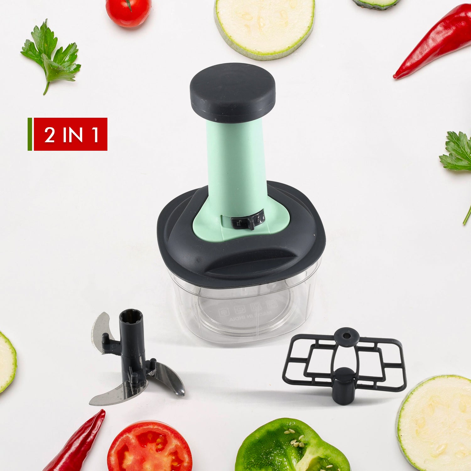 5902 PUSH CHOPPER MANUAL FOOD CHOPPER AND HAND PUSH VEGETABLE CHOPPER, CUTTER, MIXER SET FOR KITCHEN WITH 3 STAINLESS STEEL BLADE. JK Trends