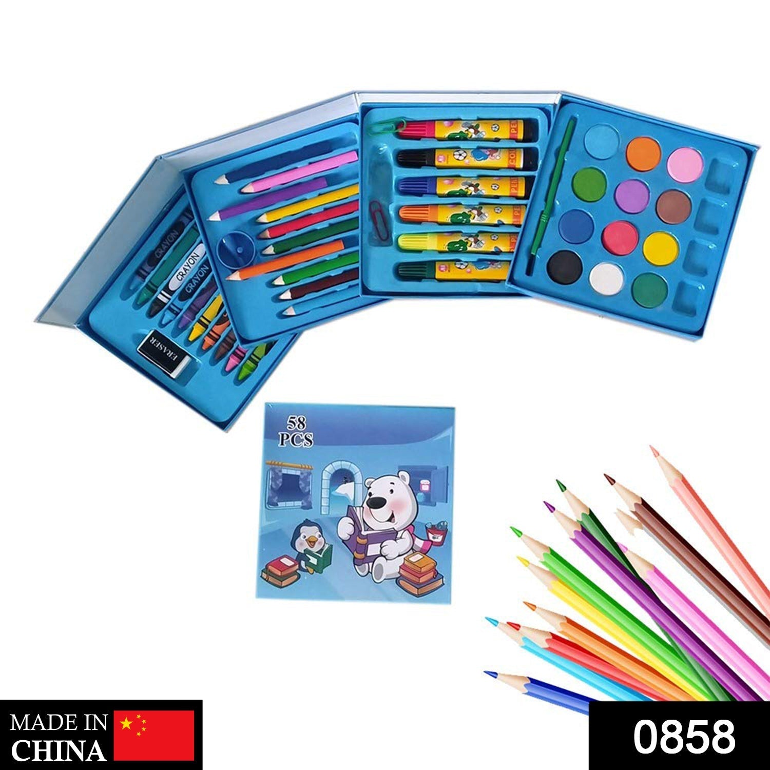 858 Plastic Art Colour Set 58 pcs with Color Pencil, Crayons, Oil Pastel and Sketch Pens JK Trends