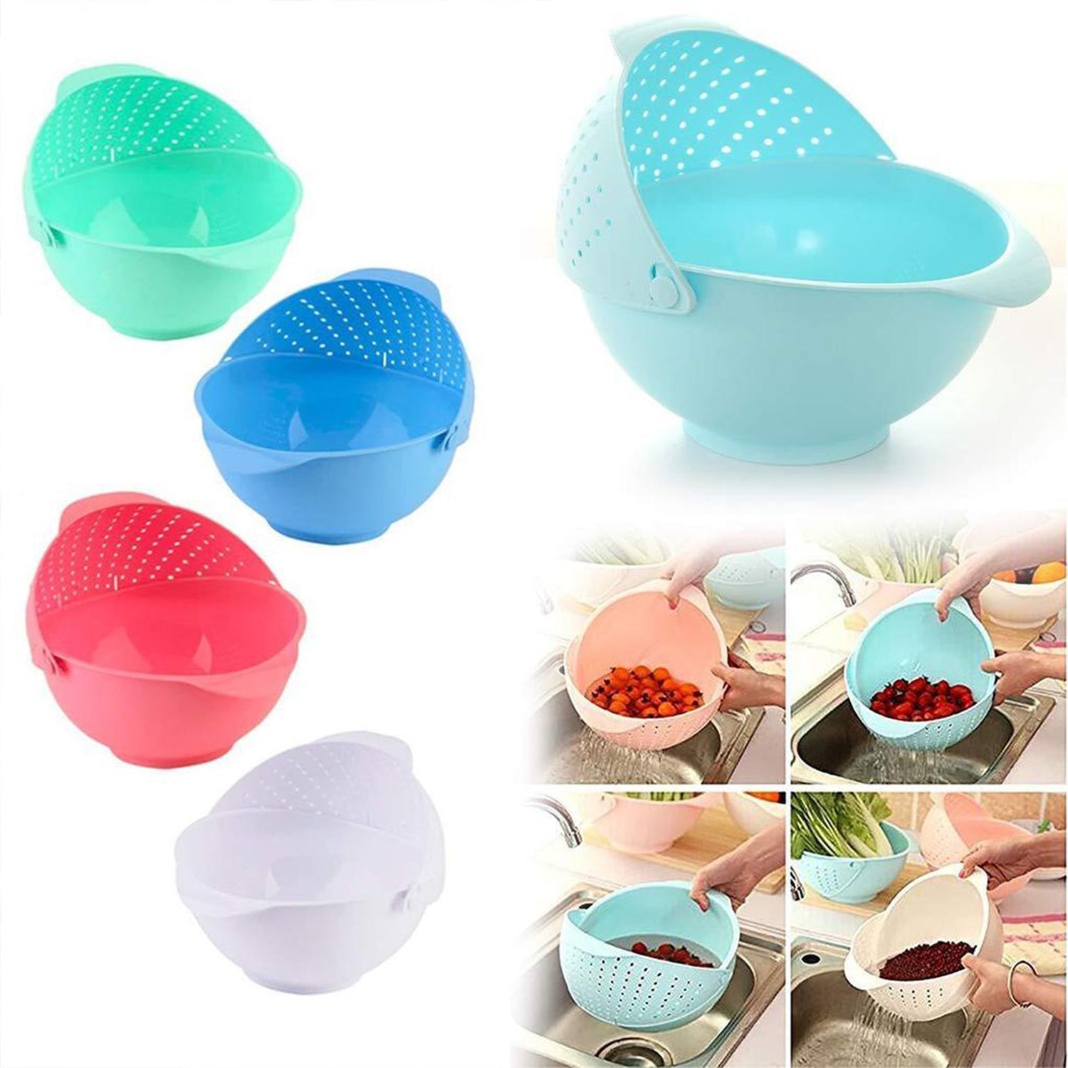 2145  Plastic Revolving Multi Functional Rice, Vegetable Fruit Wash Basket Bowl (Multi Colour) JK Trends