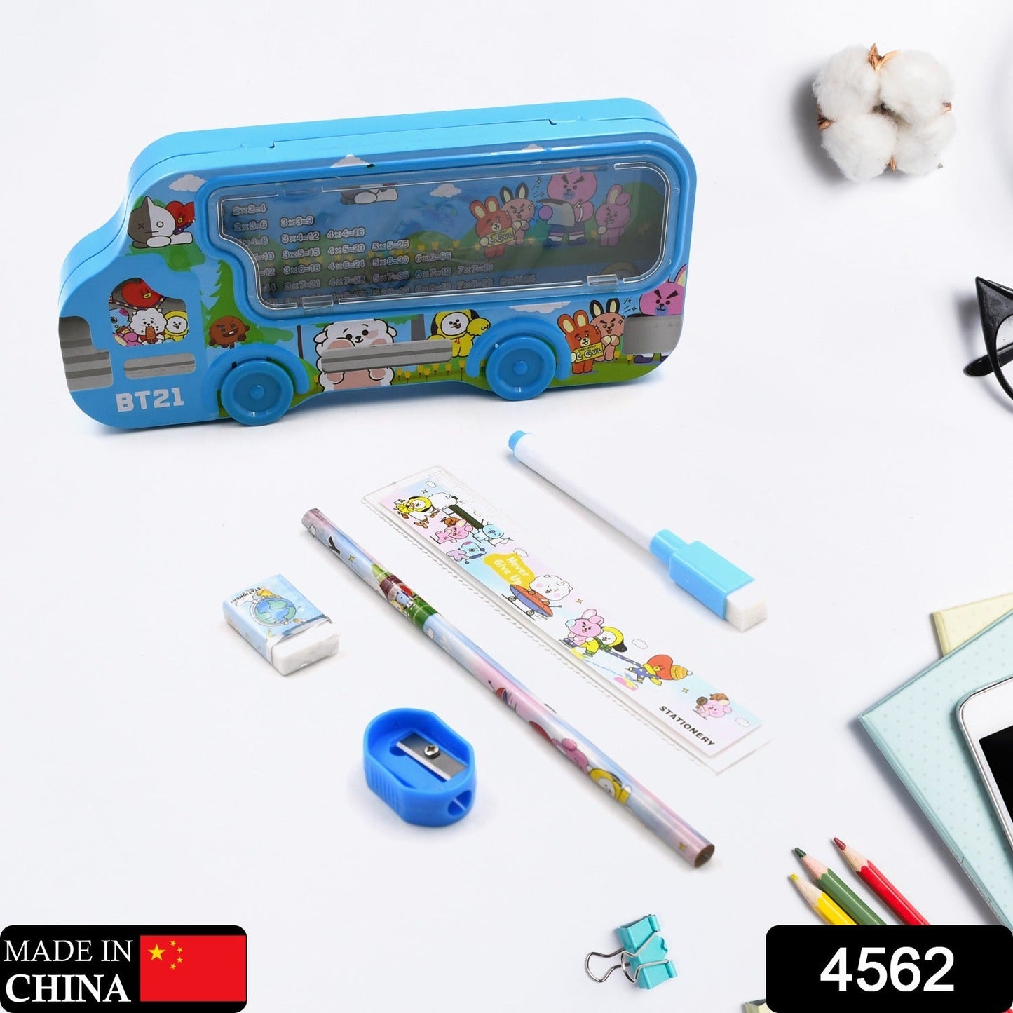 4562  Bus Shape Compass Box for Boys, Kids School Accessories |  Pencil Box  with Wheels for Girls and Kids, String Operated Case Students School Supplies - Stationery Set Organizer Birthday Return Gift for Kids