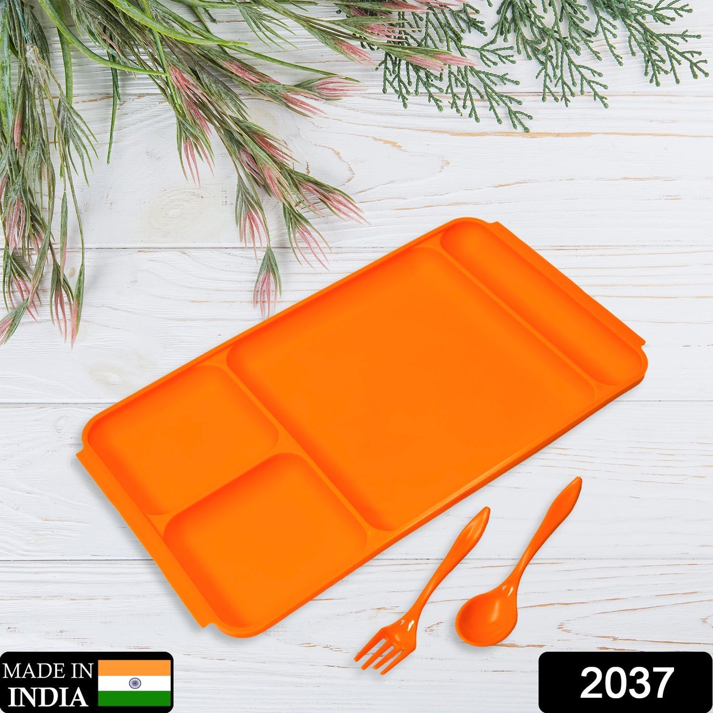 2037 4Compartment Dish with Spoon and Fork(2 Dish Set with 1Spoon and 1Fork) Dinner Plate Plastic Compartment Plate Pav Bhaji Plate 4-Compartments Divided Plastic Food Plate. DeoDap