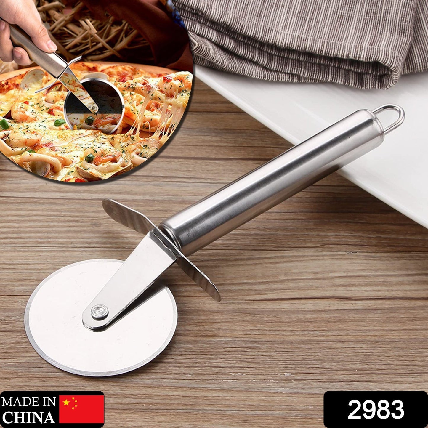 2983 Stainless Steel Pizza Cutter, Sandwich & Pastry Cake Cycle Cutter, Sharp, Wheel Type Cutter, Pack of 1 DeoDap