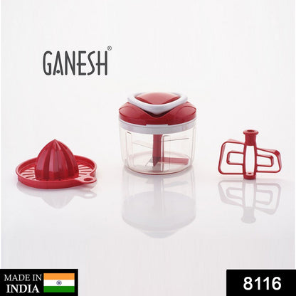 8116 Ganesh Easy Pull 3-in-1 Plastic Chopper (650ml, 125mm, Red) DeoDap