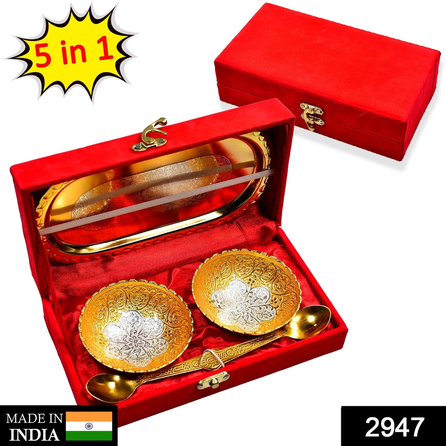 2947 Gold Silver Plated 2 Bowl 2 Spoon Tray Set Brass with Red Velvet Gift Box Serving Dry Fruits Desserts Gift DeoDap