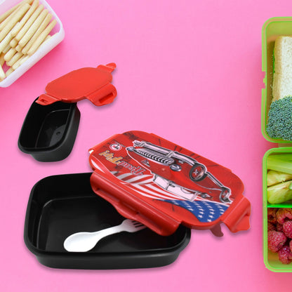 5982 Beautiful Car Design Printed Plastic Lunch Box With Inside Small Box & Spoon for Kids, Air Tight Lunch Tiffin Box for Girls Boys, Food Container, Specially Designed for School Going Boys and Girls