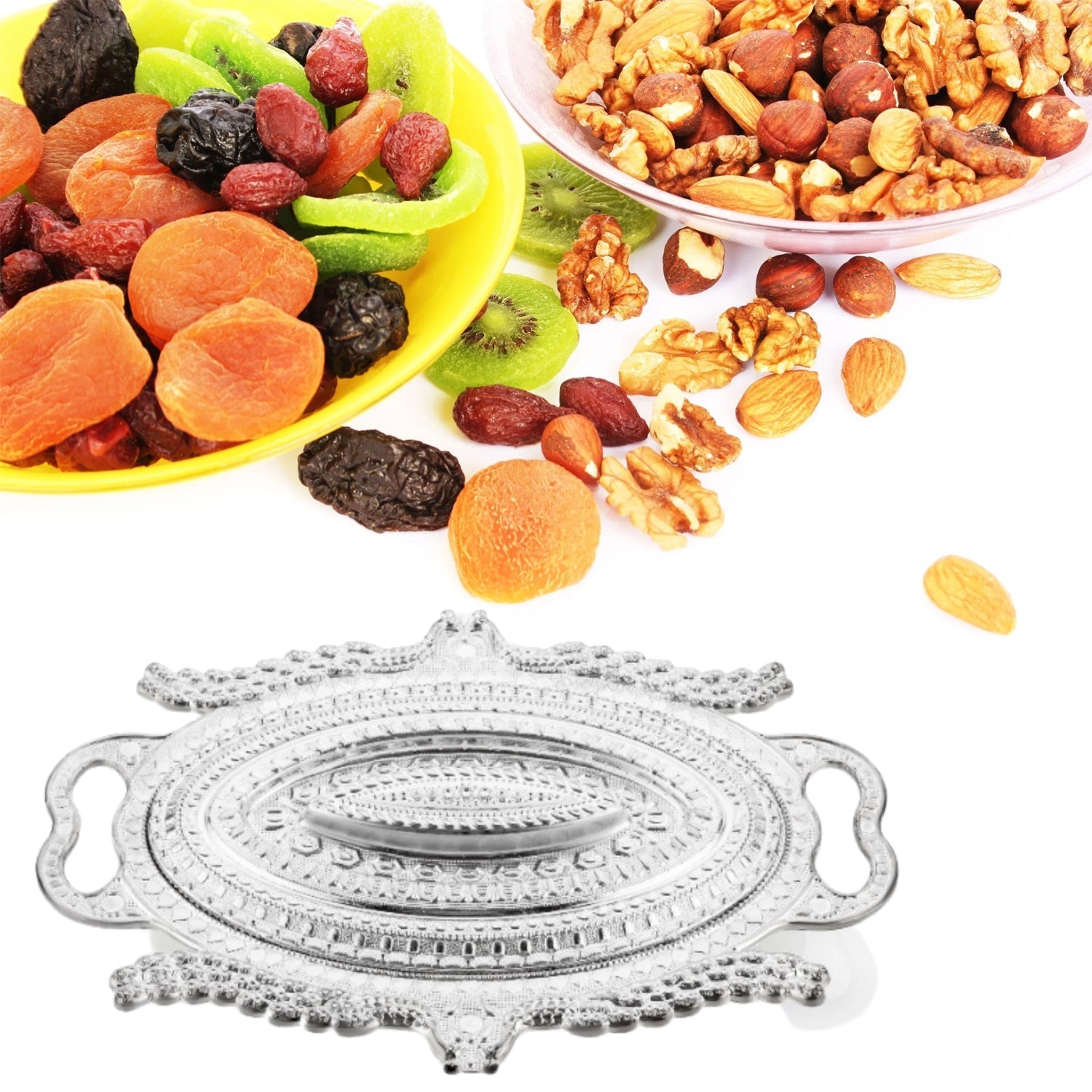 2853 Plastic Peacock Dry Fruit Silver Finish Serving Tray DeoDap