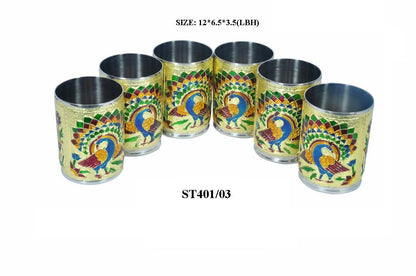 2125 Peacock Design Glass with Handle and Handicraft Serving Tray Set DeoDap