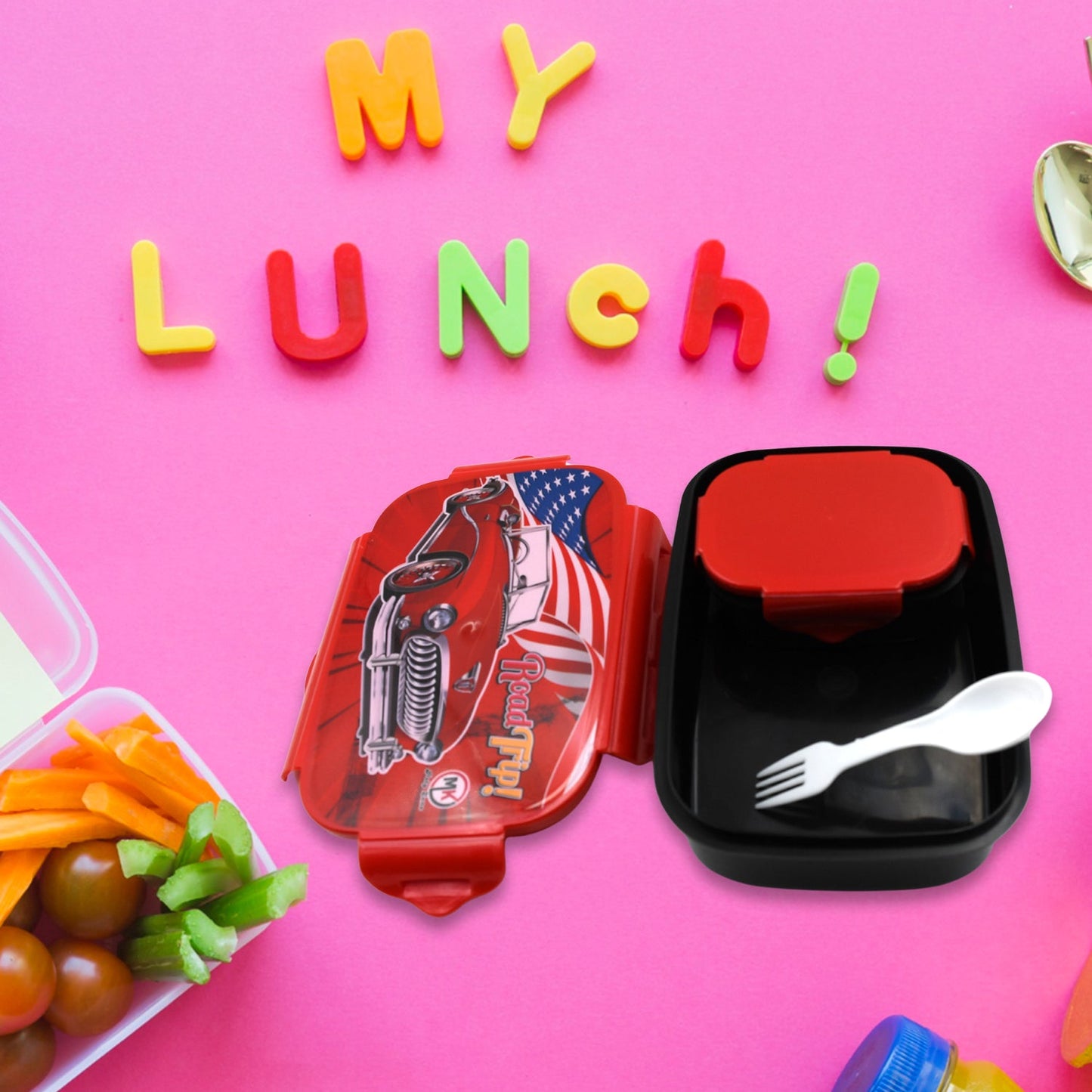 5982 Beautiful Car Design Printed Plastic Lunch Box With Inside Small Box & Spoon for Kids, Air Tight Lunch Tiffin Box for Girls Boys, Food Container, Specially Designed for School Going Boys and Girls