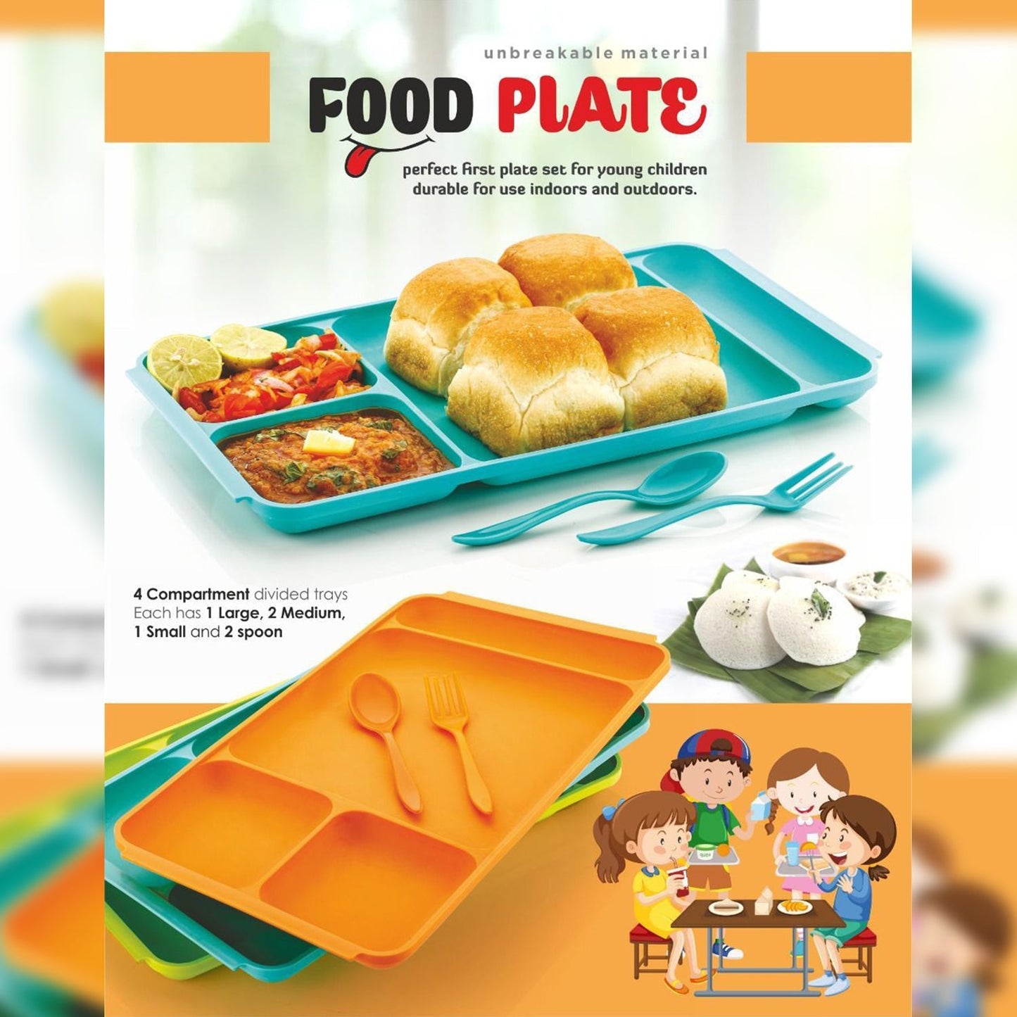 2037 4Compartment Dish with Spoon and Fork(2 Dish Set with 1Spoon and 1Fork) Dinner Plate Plastic Compartment Plate Pav Bhaji Plate 4-Compartments Divided Plastic Food Plate. DeoDap