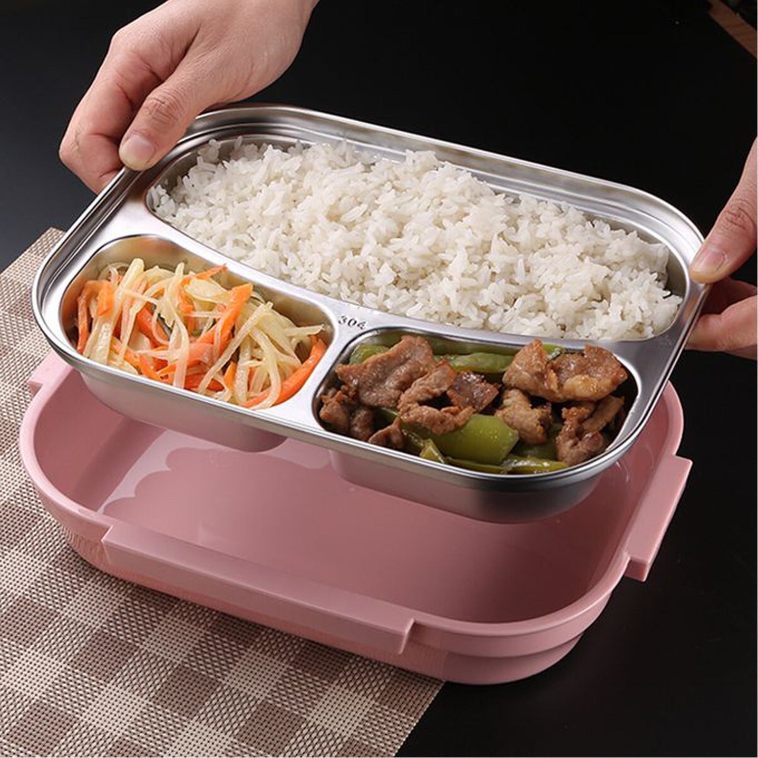 2041 Pink Lunch Box for Kids and adults, Stainless Steel Lunch Box with 3 Compartments With spoon slot. DeoDap