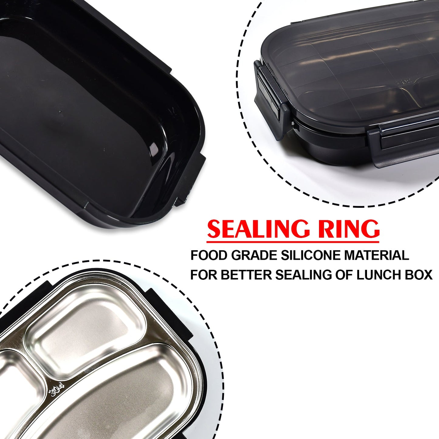 2976 Black Transparent Lunch Box for Kids and adults, Stainless Steel Lunch Box with 3 Compartments. DeoDap