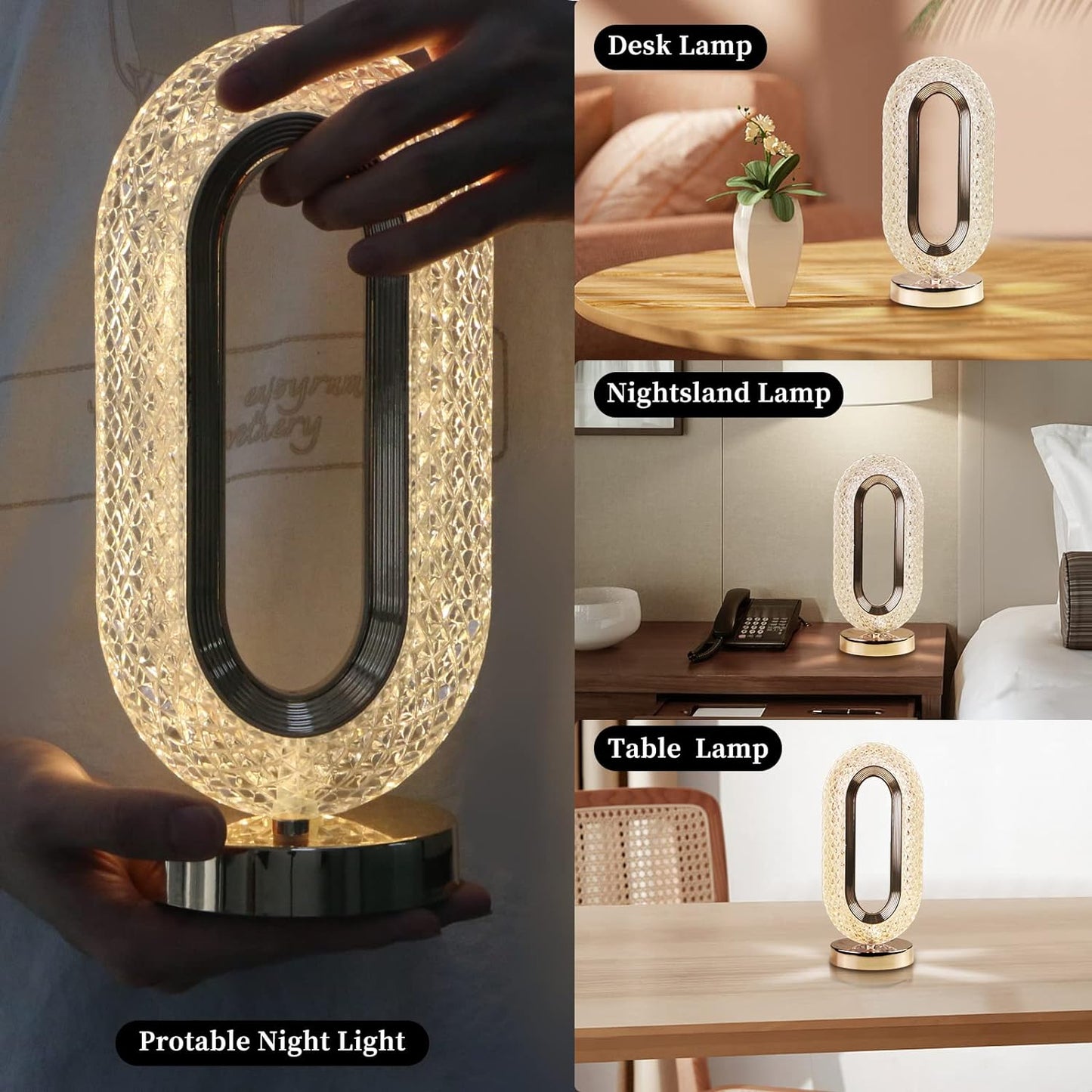6878 Touch Control Crystal Table Desk Lamp, 3-Way Dimmable Light, USB Rechargeable Crystal Diamond Table Lamp, Exquisite Night Stand Light Lamp Beside Lamp for Bedroom Living Room, Decorative Desk Lamp
