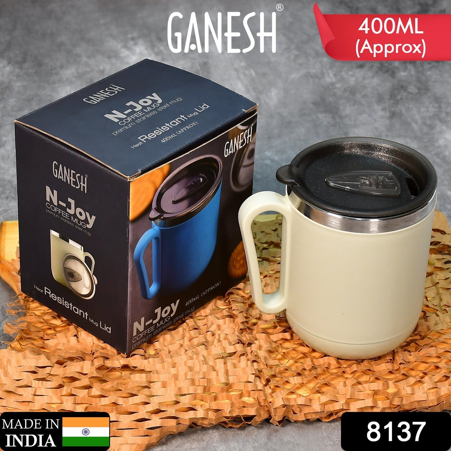 8137 Ganesh Premium Stainless Steel Coffee Mug with heat resistant mug lid. Approx 400Ml mug. DeoDap