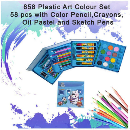 858 Plastic Art Colour Set 58 pcs with Color Pencil, Crayons, Oil Pastel and Sketch Pens JK Trends