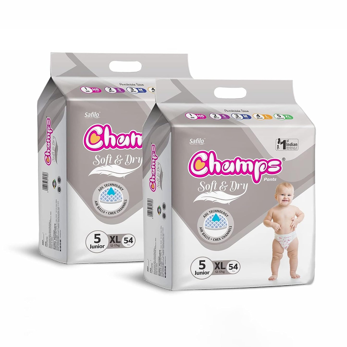 0961 Baby Diaper High Absorbent Pant Diapers,  Champs Soft and Dry Baby Diaper Pants Xl  54 Pcs (Extra Large , XL54 Pieces)