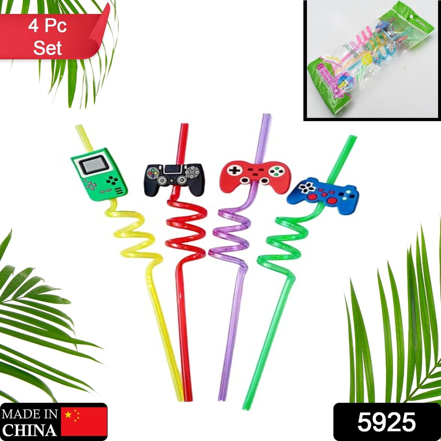5925 Reusable straws are perfect for kids' summer parties. Plastic Straws Reusable Drinking Straws with Cartoon Decoration for Kids Birthday Party Favors or other summer celebration (4 pc Set)