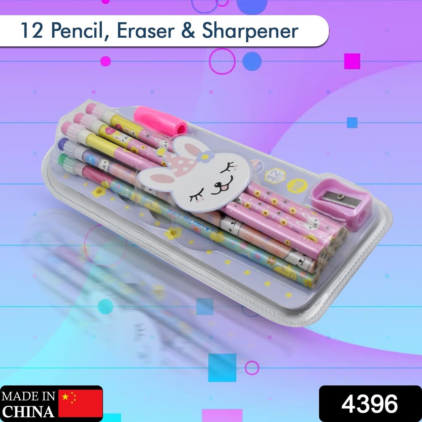 4396 Cute Rabbit Bear Drawing Graphite Writing Pencil Set with Pencil Sharpener & Eraser, Pencil and Eraser Set with Eraser for Kids, for Girls, Fancy School Stationary, Birthday Party Return Gift (14 Pc Set)