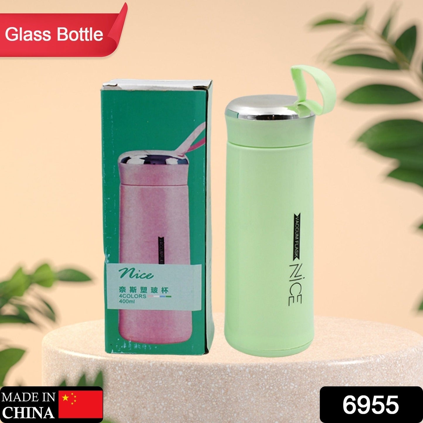 6955 outdoor sport water bottle 400ml leak proof BPA-free for travel cold and hot water glass water bottle with daily water intake for gym and children (MOQ :-100 pc)